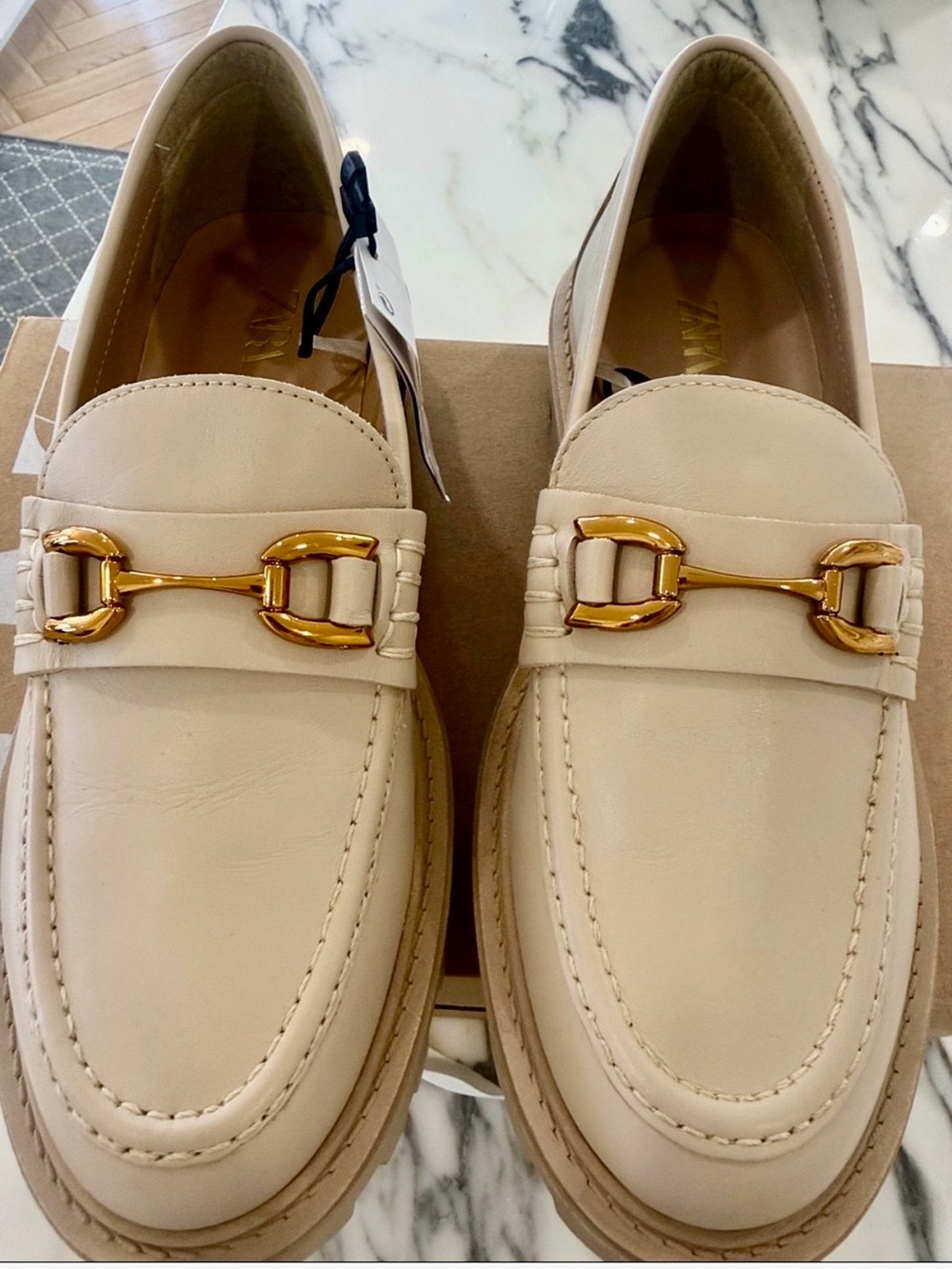 Zara Cream Horsebit Loafers with Gold Hardware